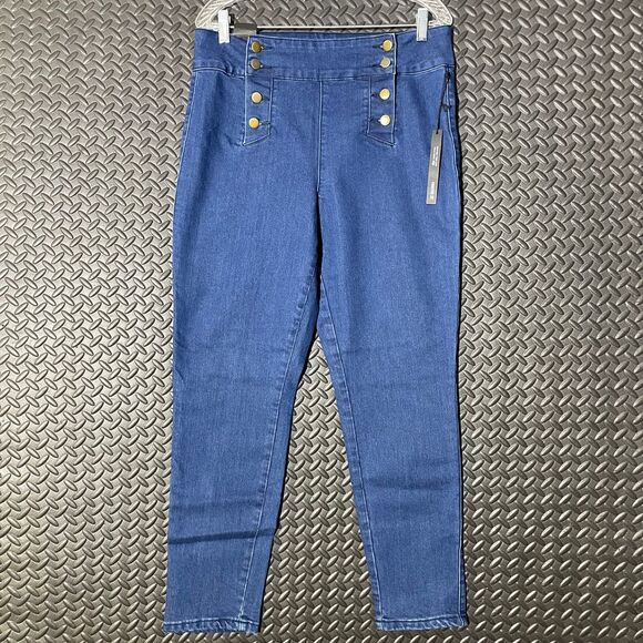 New Forever 21 Blue Skinny Ankle High‎ Crop Button Stretch Denim Jeans Casual 31 - Picture 1 of 10